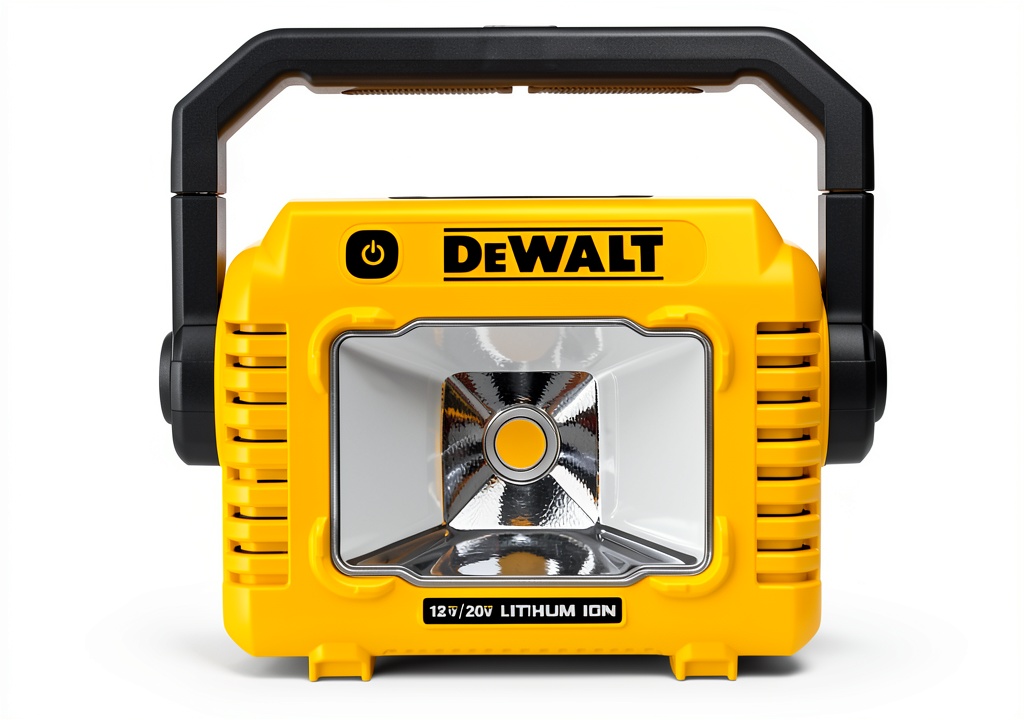 Installing DEWALT LED Work Light 2000 Lumen Portable Job Site Lighting on a wooden desk
